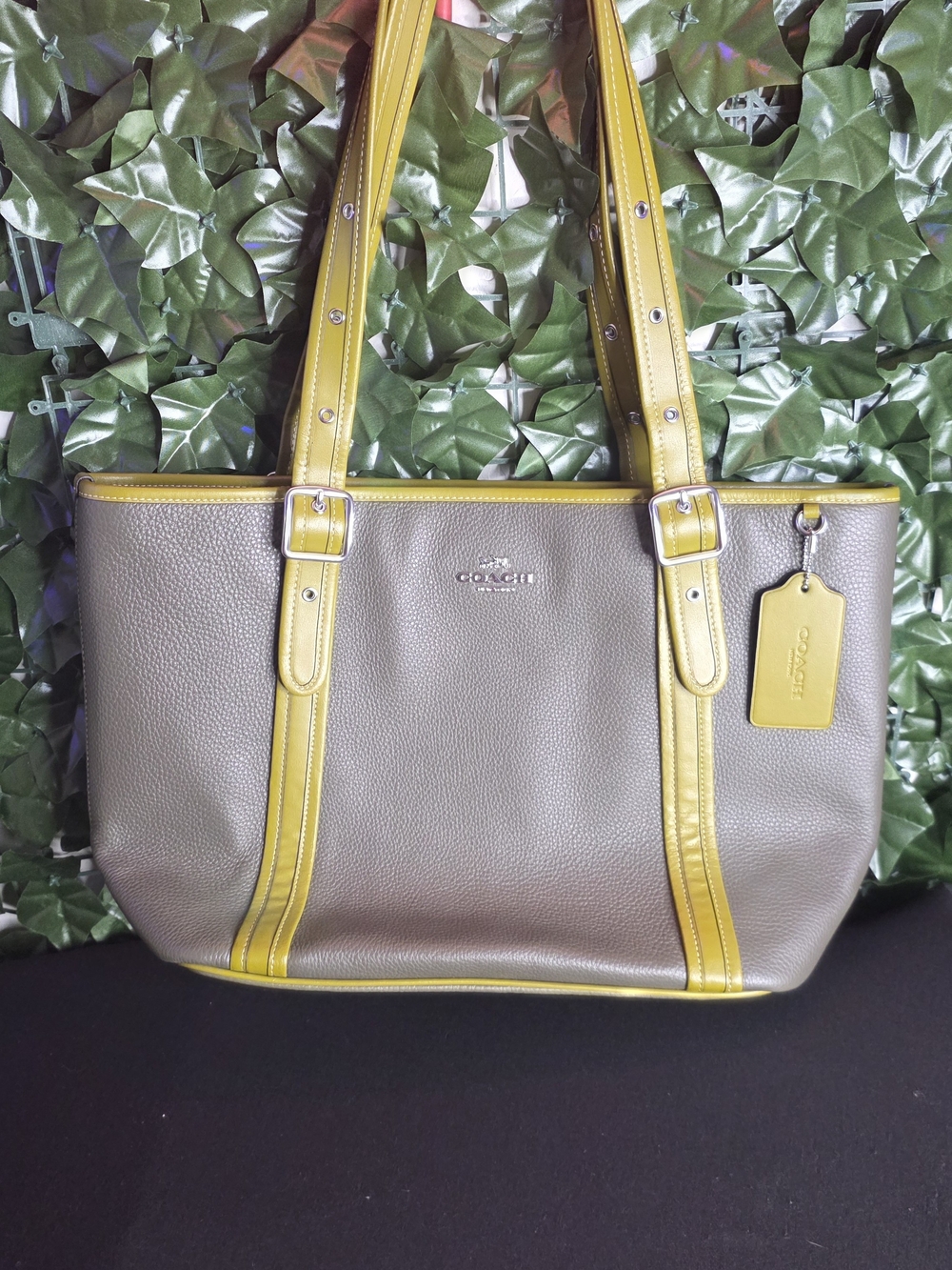 Coach Taupe Pebbled Leather Tote with Yellow Trim